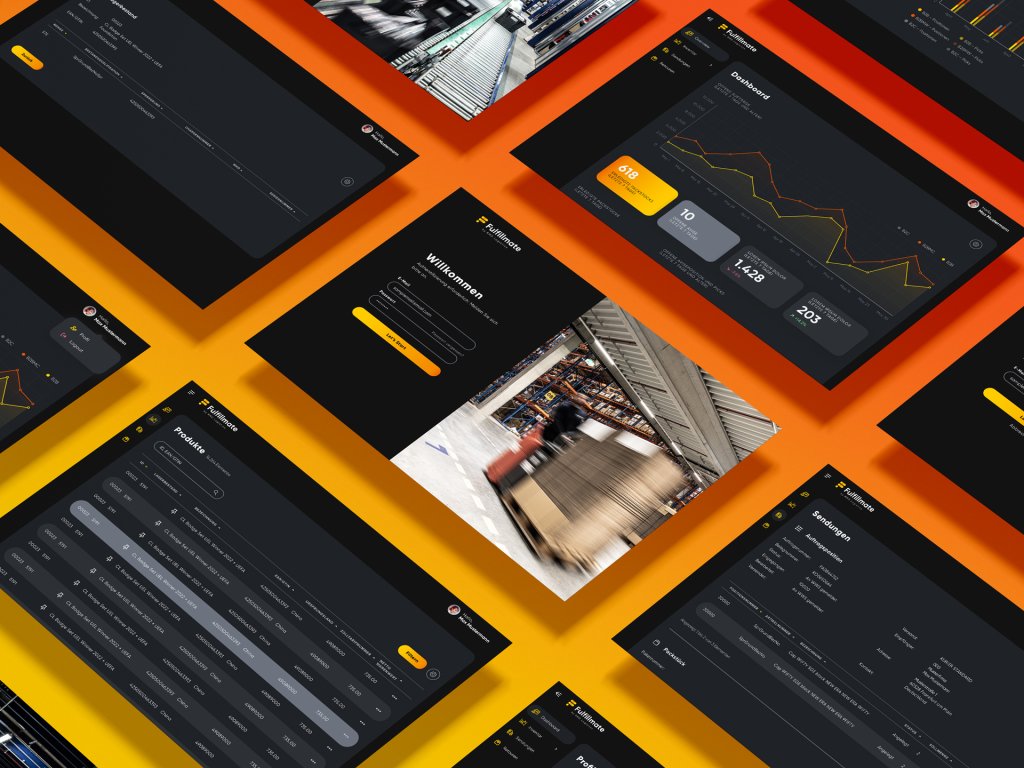 Digitale Dashboard-Layouts mit Statistiken und Lagerverwaltung auf orangefarbenem Hintergrund.