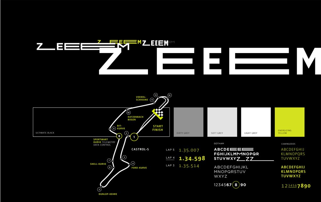 Stylisches Design mit Rennstrecken-Layout und modernen Schriftarten auf schwarzem Hintergrund. Integration von Farbschema typografischen Gestaltungsspielarten.