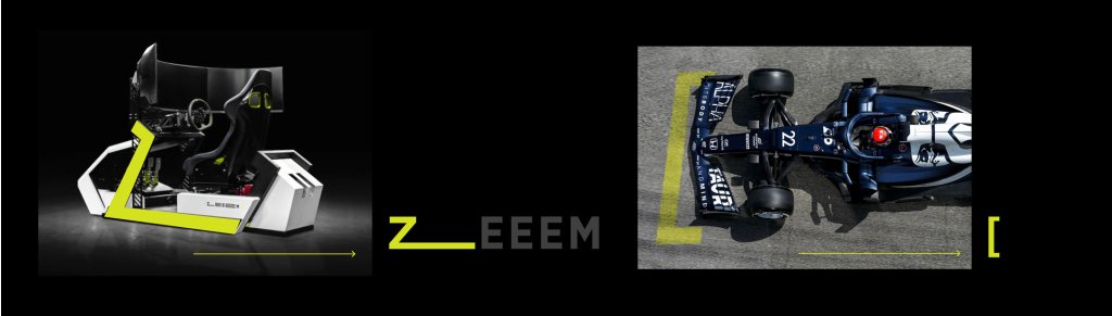 Rennsimulator und Formel-1-Auto in grafischer Gegenüberstellung vor schwarzem Hintergrund.