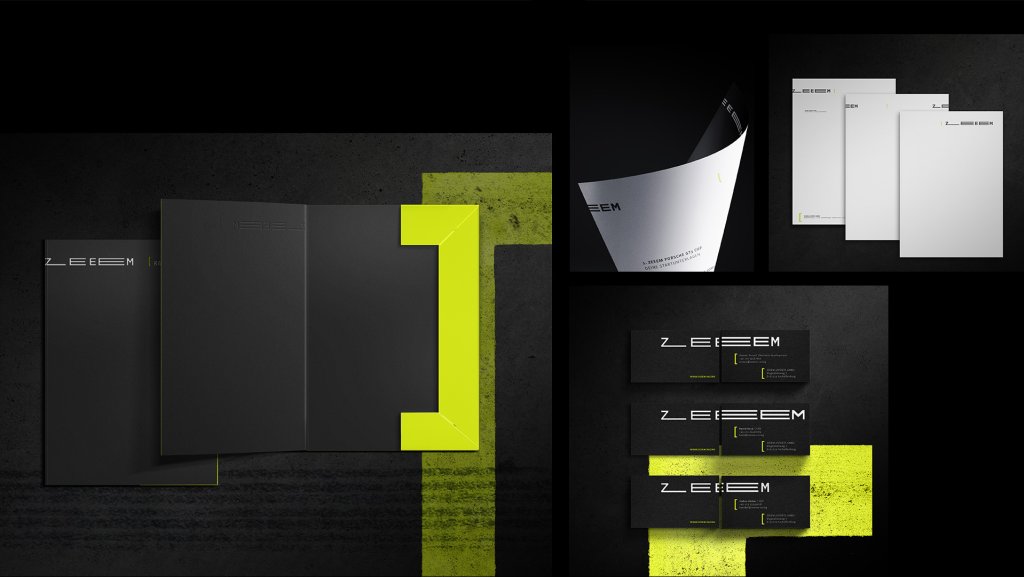 Moderne Folder, Visitenkarten und Briefpapier mit schwarzem und neongelbem Design auf dunklem Hintergrund.