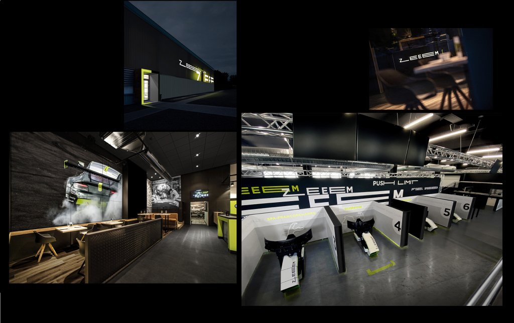 Moderne Innenräume und Rennsimulatoren bei Zeeem, Nachtansicht des Gebäudes mit beleuchtetem Logo.