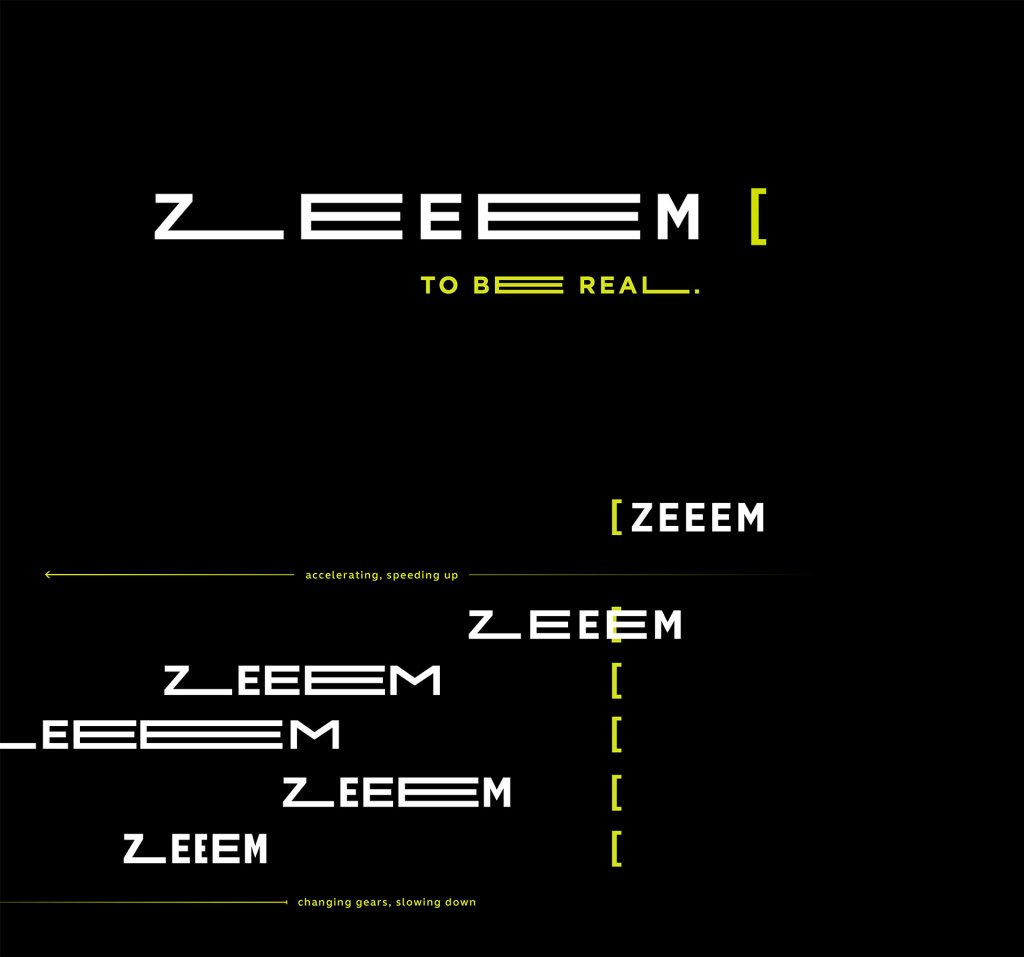 Abbilden des modernen Logo-Designs und der Wortmarke 'ZEEEM'. Zudem visuelle Übersetzung des Themas Schnelligkeit, auf schwarzem Hintergrund.