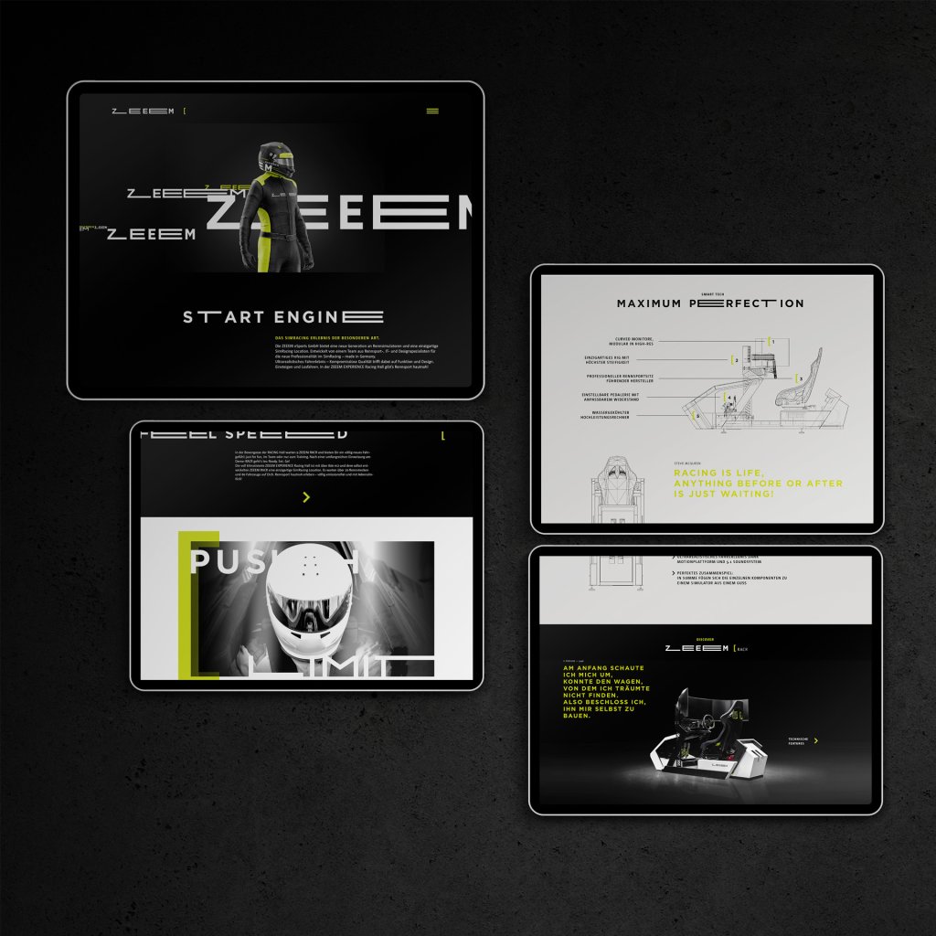 Stilisiertes Rennfahrer-Webdesign auf mehreren Tablets mit technischen Zeichnungen und dynamischen Texten.