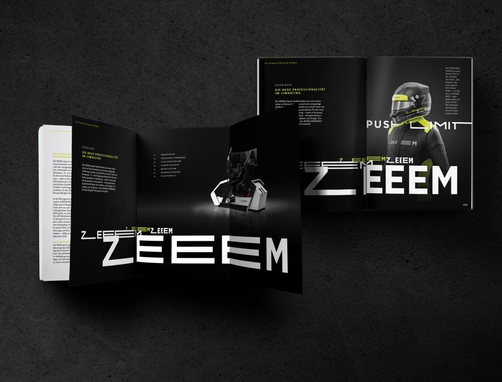 Ein aufgeschlagenes Magazin mit modernem, sportlichem Design, Text und Bild auf dunklem Hintergrund. Das Zeeem Design in Anwendung.